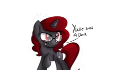 Size: 1920x1080 | Tagged: safe, artist:littleblackraencloud, derpibooru import, oc, oc:curse word, unofficial characters only, pony, unicorn, dialogue, female, glasses, grin, insult, mare, raised hoof, simple background, smiling, standing, transparent background