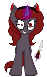 Size: 940x1531 | Tagged: safe, artist:tertonda, deleted from derpibooru, derpibooru import, oc, oc:curse word, unofficial characters only, pony, unicorn, devil horns, female, glasses, glowing horn, grin, horn, insanity, knife, magic, mare, simple background, smiling, telekinesis, transparent background