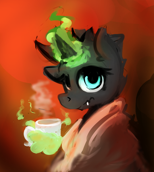 Size: 1280x1433 | Tagged: accessories, artist:elijah, artist:fuzzpower, changeling, changeling oc, cozy, derpibooru import, eyelashes, fangs, female, holding, horn, looking at you, magic, magic glow, mug, oc, oc:kala'loa, safe, solo, unofficial characters only, wrong eye color