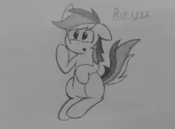 Size: 2080x1536 | Tagged: safe, artist:chromchill12, derpibooru import, oc, oc:blue eyes, unofficial characters only, pony, cute, monochrome, pencil drawing, sitting, solo, traditional art