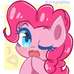 Size: 1280x1280 | Tagged: safe, artist:nichandesu, derpibooru import, pinkie pie, earth pony, pony, blush sticker, blushing, cute, diapinkes, female, heart, looking at you, mare, one eye closed, open mouth, solo, wink