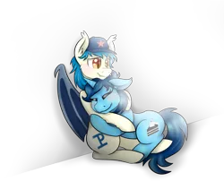 Size: 3685x3118 | Tagged: safe, artist:apple-crumbler, derpibooru import, oc, oc:moonshot, oc:sweet cakes, unofficial characters only, bat pony, pony, unicorn, hug, sweetshot