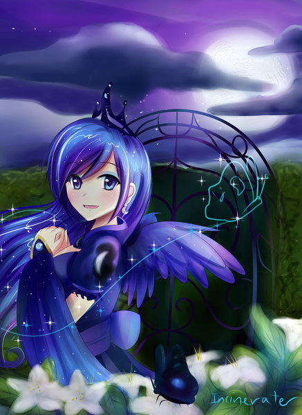 Size: 900x1236 | Tagged: artist:incinerater, derpibooru import, flower, human, humanized, moon, princess luna, safe, solo