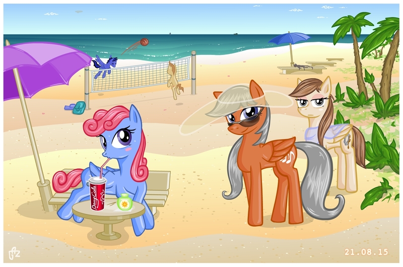 Size: 1600x1060 | Tagged: safe, artist:alevgor, derpibooru import, oc, oc:crescendo, oc:greasette cogwheel, oc:silver stone, oc:sweet dreams, unofficial characters only, pegasus, pony, beach, beach umbrella, beach volleyball