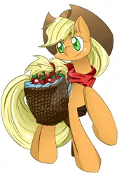 Size: 900x1273 | Tagged: anatomically incorrect, apple, applejack, artist:fenriz278, bandana, basket, derpibooru import, food, safe, sidemouth, simple background, solo, watermark