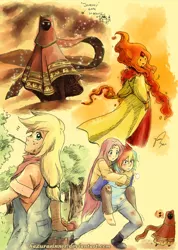 Size: 788x1107 | Tagged: adventure time, applejack, artist:hazurasinner, bandana, carrying, clothes, derpibooru import, dress, flame princess, fluttershy, human, humanized, injured, journey, overalls, rainbow dash, safe, sketch, sketch dump, working