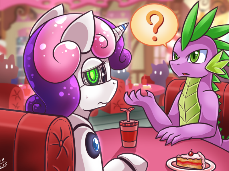 Size: 800x600 | Tagged: safe, artist:vavacung, derpibooru import, spike, sweetie belle, dragon, pony, robot, unicorn, date, dating, female, male, shipping, spikebelle, straight, sweetie bot