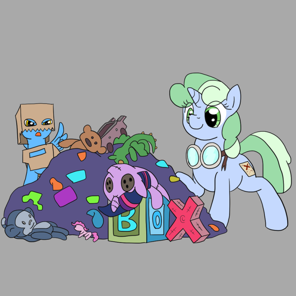 Size: 800x800 | Tagged: safe, artist:dudey64, derpibooru import, oc, oc:box-filly, oc:sweetwater, unofficial characters only, pegasus, pony, unicorn, adventure, colt, doll, female, filly, goggles, hoard, male, toy, treasure, twilight doll