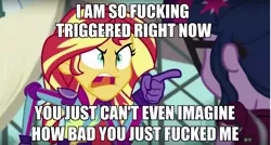 Size: 1280x687 | Tagged: safe, derpibooru import, edit, edited screencap, screencap, sci-twi, sunset shimmer, twilight sparkle, equestria girls, friendship games, angry, caption, exploitable meme, frown, glare, image macro, meme, open mouth, pointing, sunset yells at twilight, triggered, vulgar