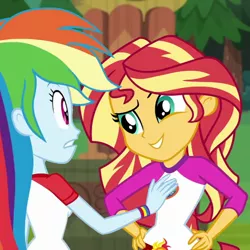 Size: 650x650 | Tagged: suggestive, derpibooru import, edit, edited screencap, screencap, rainbow dash, sunset shimmer, equestria girls, legend of everfree, breast grab, breasts, cropped, female, females only, grope, lesbian, sunsetdash