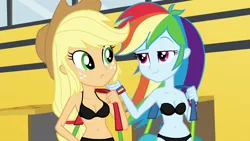 Size: 1280x720 | Tagged: suggestive, derpibooru import, edit, edited screencap, editor:ah96, screencap, applejack, rainbow dash, equestria girls, legend of everfree, belly button, black underwear, bra, breast edit, breasts, busty applejack, cleavage, clothes, duo, duo female, female, panties, underwear, underwear edit