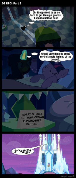 Size: 1288x3000 | Tagged: safe, artist:bredgroup, derpibooru import, sunset shimmer, twilight sparkle, twilight sparkle (alicorn), alicorn, pony, comic:eg rpg, censored vulgarity, comic, crystal empire, grawlixes, in another castle, screencap comic, super mario bros., toad (mario bros)