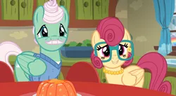 Size: 1043x571 | Tagged: safe, derpibooru import, screencap, gentle breeze, posey shy, pegasus, pony, flutter brutter, clothes, duo, ear piercing, earring, female, gelatin, glasses, jewelry, male, mare, necklace, piercing, shys, smiling, stallion, sweater, table, window