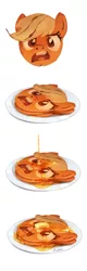 Size: 1025x3219 | Tagged: applejack, artist:audrarius, butter, derpibooru import, face, food, pancakes, safe, simple background, syrup, wat, white background