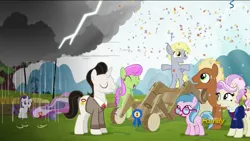 Size: 1920x1080 | Tagged: safe, derpibooru import, screencap, blue lily, derpy hooves, meadow song, medallion gold, merry may, rarity, rosetta, pegasus, pony, unicorn, the cart before the ponies, background pony, confetti, discovery family logo, female, filly, filly derpy, filly rarity, jealous, male, mare, rain, raincloud, stallion, younger