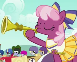 Size: 1265x1024 | Tagged: safe, derpibooru import, screencap, cheerilee, crackle pop, derpy hooves, diamond tiara, randolph, pegasus, pony, the cart before the ponies, bugle, bugle mistaken for a trumpet, cart, cheerileeder, cheerleader, female, mare, musical instrument, trumpet