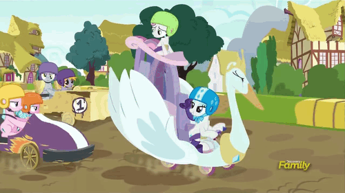 Size: 500x281 | Tagged: safe, derpibooru import, screencap, crackle pop, derpy hooves, rarity, sugar stix, sweetie belle, tender brush, winter lotus, pegasus, pony, the cart before the ponies, angry, animated, blocking, cart, cheating, discovery family logo, female, helmet, mare, raribitch, swanlestia cart