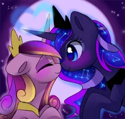 Size: 3000x2845 | Tagged: safe, artist:elementalokami, derpibooru import, princess cadance, princess luna, pony, boop, cute, female, infidelity, lesbian, love, lundance, mare, noseboop, nuzzling, shipping