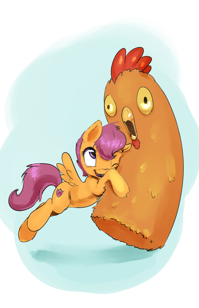 Size: 971x1500 | Tagged: safe, artist:silfoe, derpibooru import, scootaloo, chicken, pegasus, pony, the cart before the ponies, carrying, cute, cutealoo, cutie mark, female, filly, flying, glomp, gradient background, happy, hug, leg fluff, one eye closed, open mouth, scootachicken, simple background, smiling, solo, speedpaint, spread wings, that was fast, the cmc's cutie marks, wat, wings, wink