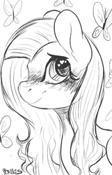 Size: 450x700 | Tagged: artist:p0n1es, blushing, bust, butterfly, cute, derpibooru import, fluttershy, looking at you, monochrome, portrait, safe, shyabetes, sketch, solo