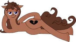 Size: 1280x711 | Tagged: suggestive, artist:verandure, derpibooru import, oc, oc:heartbreak, unofficial characters only, earth pony, pony, branding, draw me like one of your french girls, female, heart, human in equestria, human to pony, lying, lying down, male to female, mare, messy mane, my little heartbreak, pose, purple eyes, rule 63, side, solo
