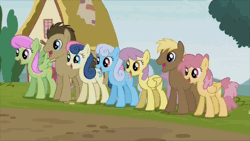 Size: 500x281 | Tagged: safe, derpibooru import, screencap, bon bon, coco crusoe, crackle pop, dizzy twister, doctor whooves, linky, merry may, orange swirl, parasol, shoeshine, sweetie drops, time turner, pony, the cart before the ponies, animated, background characters doing background things, background pony, gif, male, mexican wave pony style, stallion