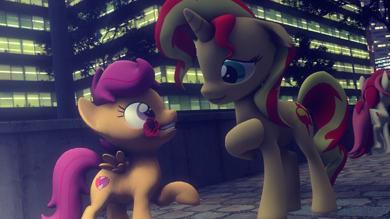 Size: 1920x1080 | Tagged: safe, artist:shadamyfan4evers, derpibooru import, roseluck, scootaloo, sunset shimmer, pony, 3d, crack shipping, female, filly, flower, flower in mouth, lesbian, mare, mouth hold, rose, scootaset, shipping, source filmmaker, the cmc's cutie marks