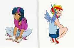 Size: 2860x1863 | Tagged: artist:mmmenagerie, clothes, converse, derpibooru import, human, humanized, rainbow dash, safe, shoes, sneakers, twilight sparkle, winged humanization