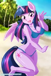 Size: 2683x4000 | Tagged: alicorn, anthro, artist:danmakuman, beach, belly button, bikini, blue swimsuit, blushing, breasts, busty twilight sparkle, clothes, derpibooru import, erect nipples, female, nipple outline, open mouth, peace sign, plantigrade anthro, solo, solo female, suggestive, swimsuit, twilight sparkle, twilight sparkle (alicorn), underboob