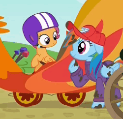 Size: 479x463 | Tagged: safe, derpibooru import, screencap, rainbow dash, scootaloo, pony, the cart before the ponies, animated, clothes, hoofbump, jumpsuit, loop, mechanic coveralls, scootalove