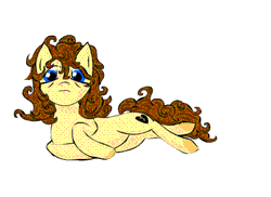 Size: 550x400 | Tagged: safe, artist:verandure, derpibooru import, oc, oc:heartbreak, unofficial characters only, earth pony, pony, animated, blinking, blue eyes, branding, exclamation point, female, flash, heart, human in equestria, human to pony, lying, lying down, male to female, mare, messy mane, my little heartbreak, rule 63, side, solo, talking