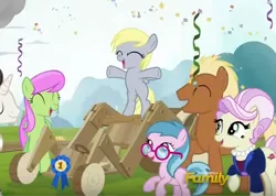 Size: 791x563 | Tagged: safe, derpibooru import, screencap, blue lily, derpy hooves, meadow song, medallion gold, merry may, rosetta, earth pony, pegasus, pony, unicorn, the cart before the ponies, background pony, blue ribbon, cheering, confetti, cropped, cute, discovery family logo, female, filly, filly derpy, glasses, male, mare, stallion, streamers