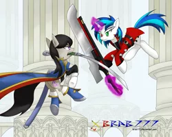 Size: 2000x1600 | Tagged: armor, artist:brab777, blazblue, clothes, crossover, derpibooru import, octavia melody, ragna the bloodedge, safe, sword, uniform, vinyl scratch, weapon