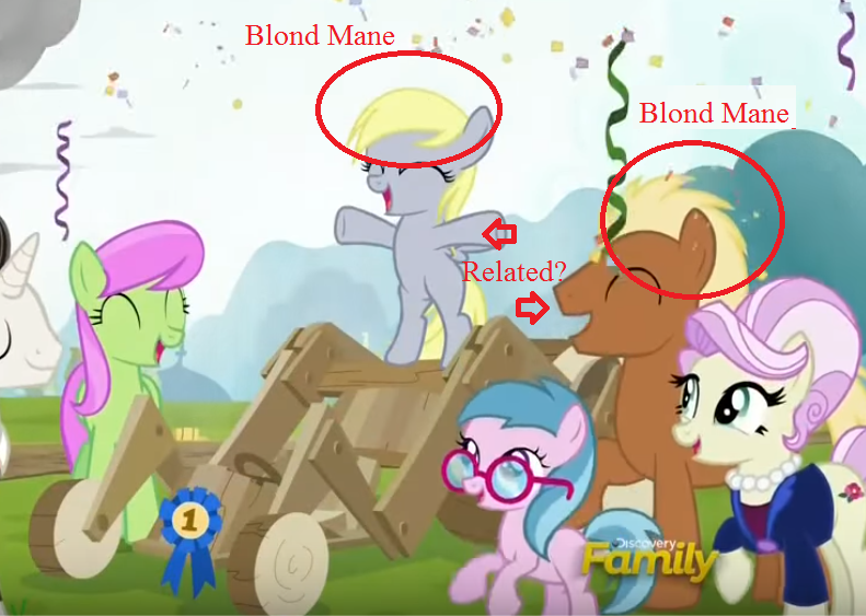 Size: 791x563 | Tagged: safe, derpibooru import, screencap, blue lily, derpy hooves, meadow song, medallion gold, merry may, rosetta, pegasus, pony, the cart before the ponies, discovery family logo, female, mare, misspelling