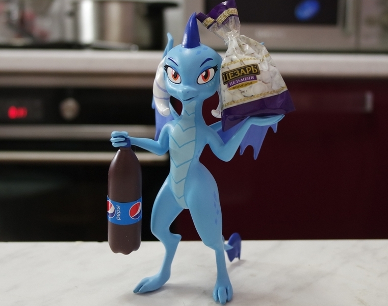 Size: 840x662 | Tagged: 3d print, artist:laservega, craft, derpibooru import, dragon, dumplings, food, irl, pepsi, photo, princess ember, russian, safe, sculpture, soda, solo, traditional art