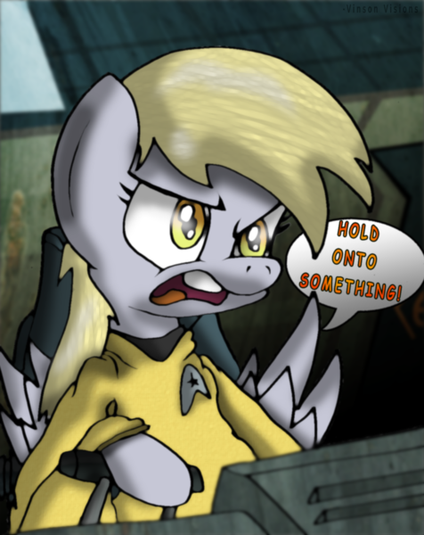 Size: 1143x1440 | Tagged: safe, artist:theclassicthinker, derpibooru import, derpy hooves, pegasus, pony, clothes, crossover, female, hikaru sulu, mare, solo, star trek, star trek beyond, uniform