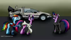 Size: 5120x2880 | Tagged: artist:brab777, back to the future, crossover, delorean, derpibooru import, future twilight, rainbow, rainbow dash, safe, twilight sparkle