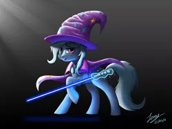 Size: 6000x4500 | Tagged: safe, artist:duskie-06, derpibooru import, trixie, pony, unicorn, absurd resolution, female, jedi, lightsaber, mare, signature, solo, star wars, weapon