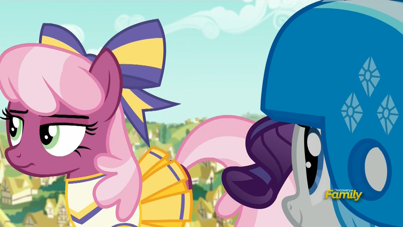 Size: 1918x1078 | Tagged: safe, derpibooru import, screencap, cheerilee, rarity, pony, the cart before the ponies, cheerileeder, cheerleader, helmet, unamused