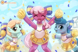 Size: 1125x750 | Tagged: safe, artist:lumineko, derpibooru import, cheerilee, peach fuzz, perky prep, pony, the cart before the ponies, bipedal, blushing, cheeribetes, cheerileeder, cheerleader, clothes, confetti, crossdressing, cute, eyes closed, female, femboy, girly, hair bow, lumineko is trying to murder us, male, open mouth, patreon, patreon logo, pleated skirt, pom pom, scene interpretation, skirt, trio