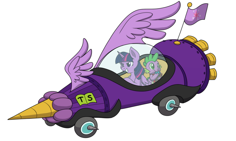 Size: 2000x1200 | Tagged: safe, artist:itstaylor-made, derpibooru import, spike, twilight sparkle, twilight sparkle (alicorn), alicorn, pony, the cart before the ponies, cart, dick dastardly, eating, gem, grin, muttley, nom, puffy cheeks, simple background, smiling, smirk, the mean machine, transparent background, wacky races, wings