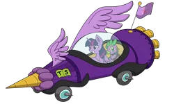 Size: 2000x1200 | Tagged: safe, artist:itstaylor-made, derpibooru import, spike, twilight sparkle, twilight sparkle (alicorn), alicorn, pony, the cart before the ponies, cart, dick dastardly, eating, gem, grin, muttley, nom, puffy cheeks, simple background, smiling, smirk, the mean machine, transparent background, wacky races, wings