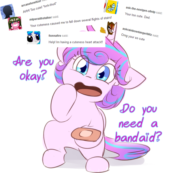 Size: 750x750 | Tagged: artist:its-gloomy, ask, bandaid, cute, derpibooru import, dialogue, flurrybetes, flurryheart-babbles, looking at you, open mouth, princess flurry heart, safe, simple background, solo, tumblr, weapons-grade cute, white background