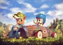 Size: 1920x1360 | Tagged: safe, artist:assasinmonkey, derpibooru import, apple bloom, applejack, earth pony, pony, the cart before the ponies, cart, clothes, duo, female, filly, hat, helmet, mare, mechanic, mechanic coveralls, open mouth, scene interpretation