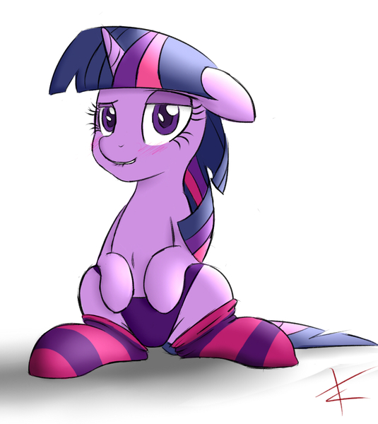 Size: 950x1066 | Tagged: suggestive, artist:crade, derpibooru import, twilight sparkle, pony, unicorn, bedroom eyes, belly button, blushing, clothes, cute, female, lip bite, panties, socks, solo, solo female, striped socks, underwear, unicorn twilight