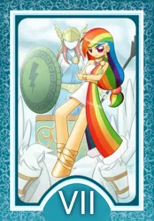 Size: 1200x1728 | Tagged: artist:howxu, chariot, derpibooru import, human, humanized, rainbow dash, safe, shield, solo, tarot, tarot card, the chariot