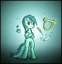 Size: 484x502 | Tagged: dead source, safe, artist:darrianmh, derpibooru import, lyra heartstrings, pony, unicorn, bipedal, female, inkwell, lyre, mare, parchment, quill, simple background, solo