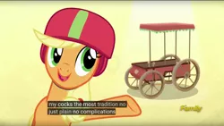 Size: 960x540 | Tagged: suggestive, derpibooru import, edit, edited screencap, screencap, applejack, pony, the cart before the ponies, implied futa, meme, solo, vulgar, youtube caption