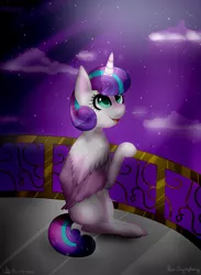 Size: 730x1000 | Tagged: artist:starsymphonystela, balcony, cloud, crepuscular rays, cute, derpibooru import, looking up, moonlight, night, older, open mouth, princess flurry heart, safe, sitting, smiling, solo