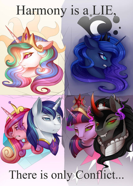 Size: 1024x1434 | Tagged: safe, artist:evehly, derpibooru import, king sombra, nightmare moon, princess cadance, princess celestia, princess luna, shining armor, twilight sparkle, twilight sparkle (alicorn), alicorn, pony, alicorn tetrarchy, alternate universe, angry, broken, crying, element of magic, eyeshadow, female, floppy ears, frown, glare, glowing eyes, grin, gritted teeth, makeup, male, nightmare luna, reference, shipping, sith, slit eyes, smiling, smirk, star wars, straight, twibra, twilight is anakin